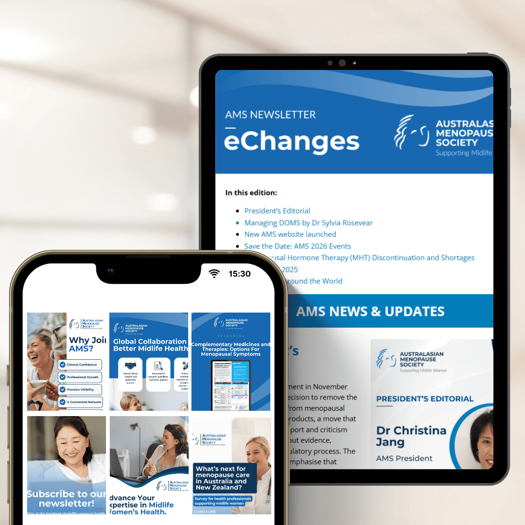 AMS eChanges newsletter and social media banners shown on a tablet and phone