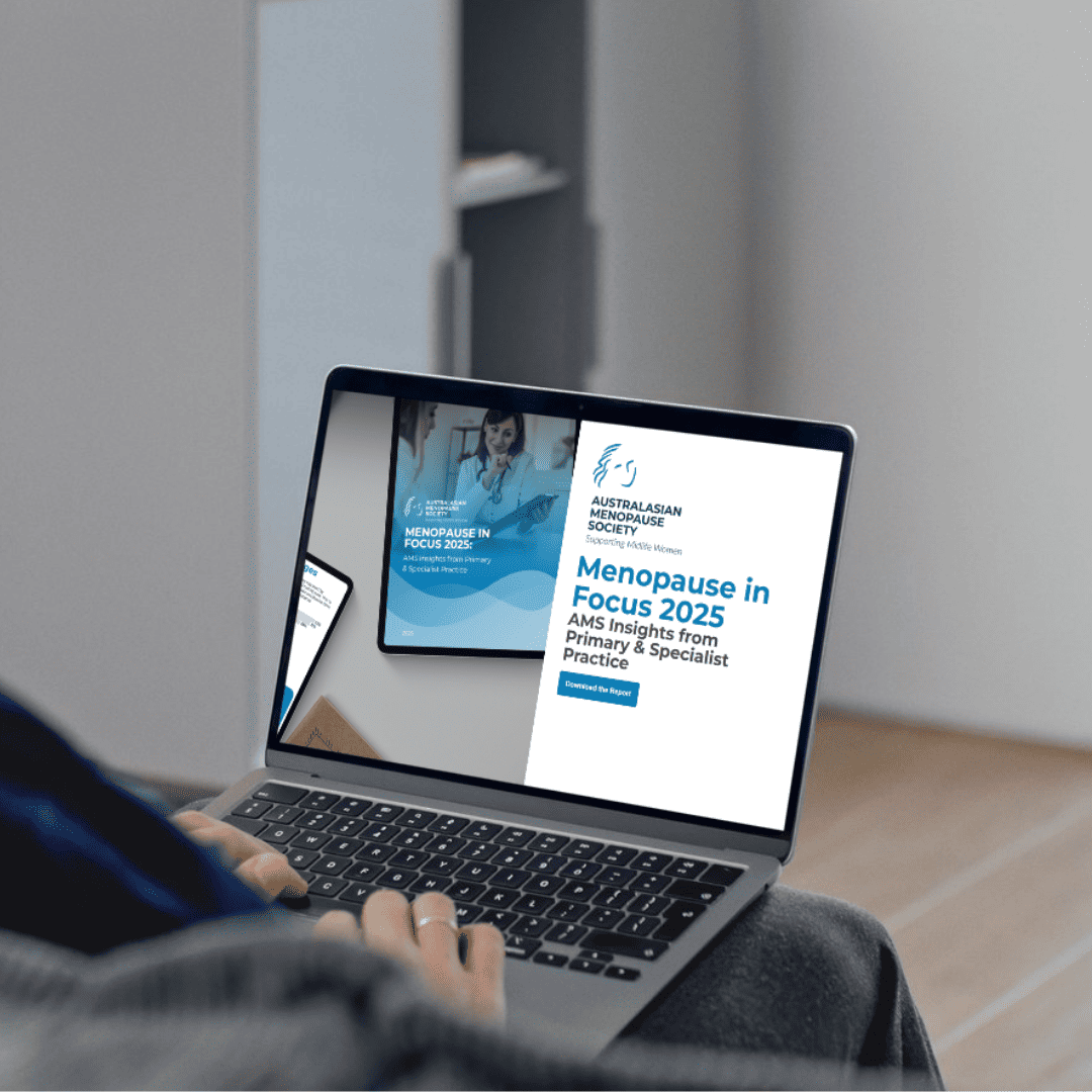 The AMS Menopause in Focus 2025 survey report shown on a laptop