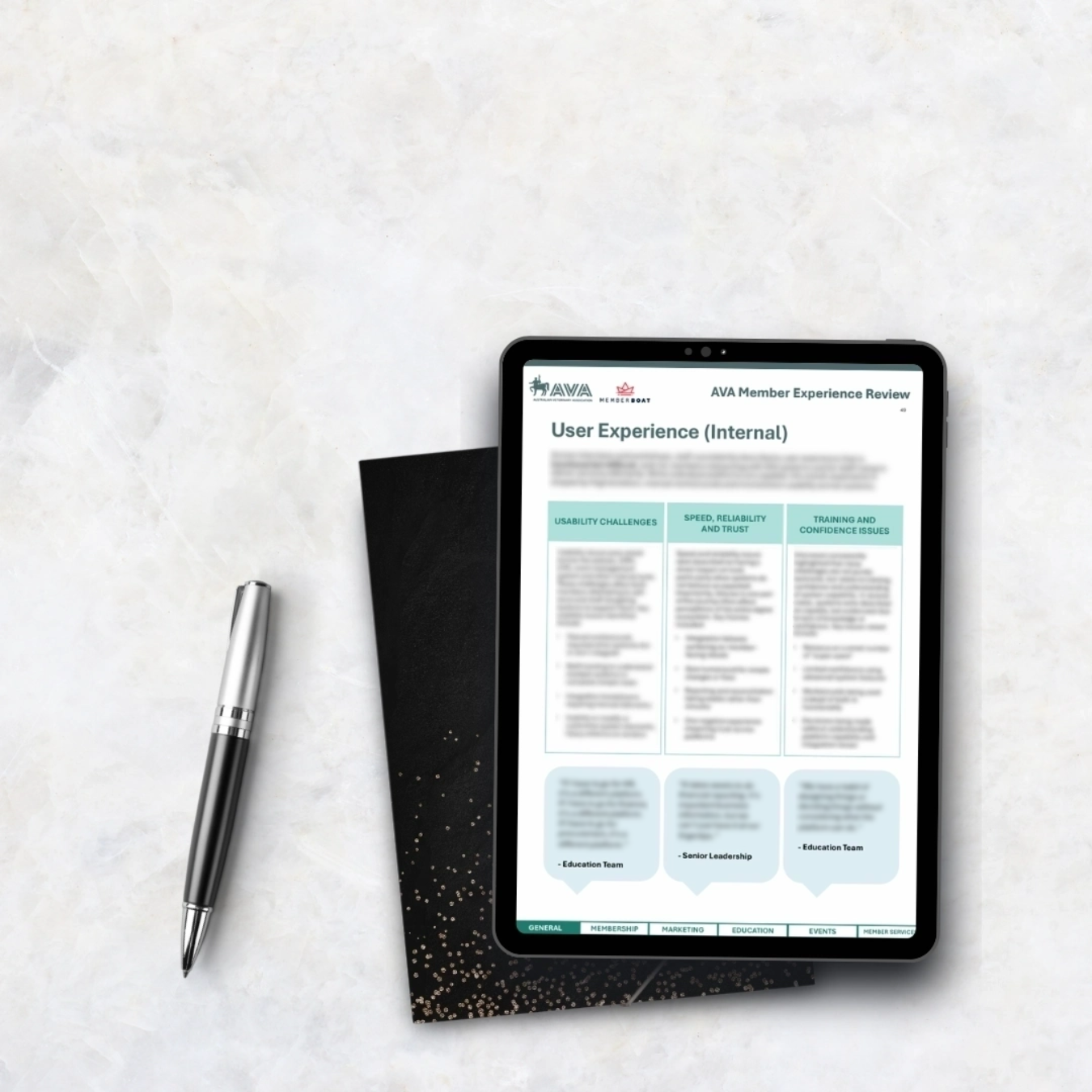 AVA Member Experience Review internal user experience findings shown on a tablet