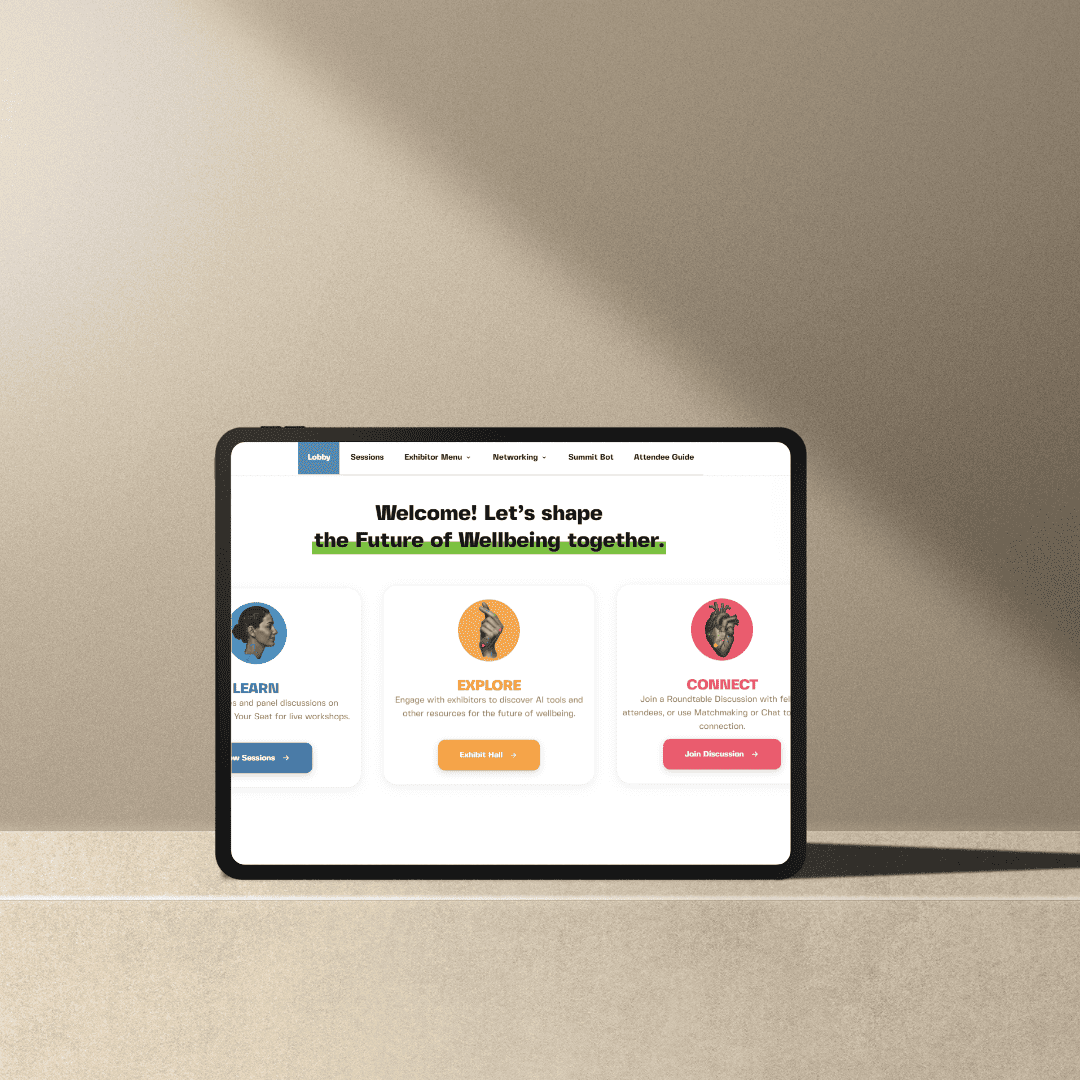 The AI and the Future of Wellbeing virtual summit platform shown on a tablet