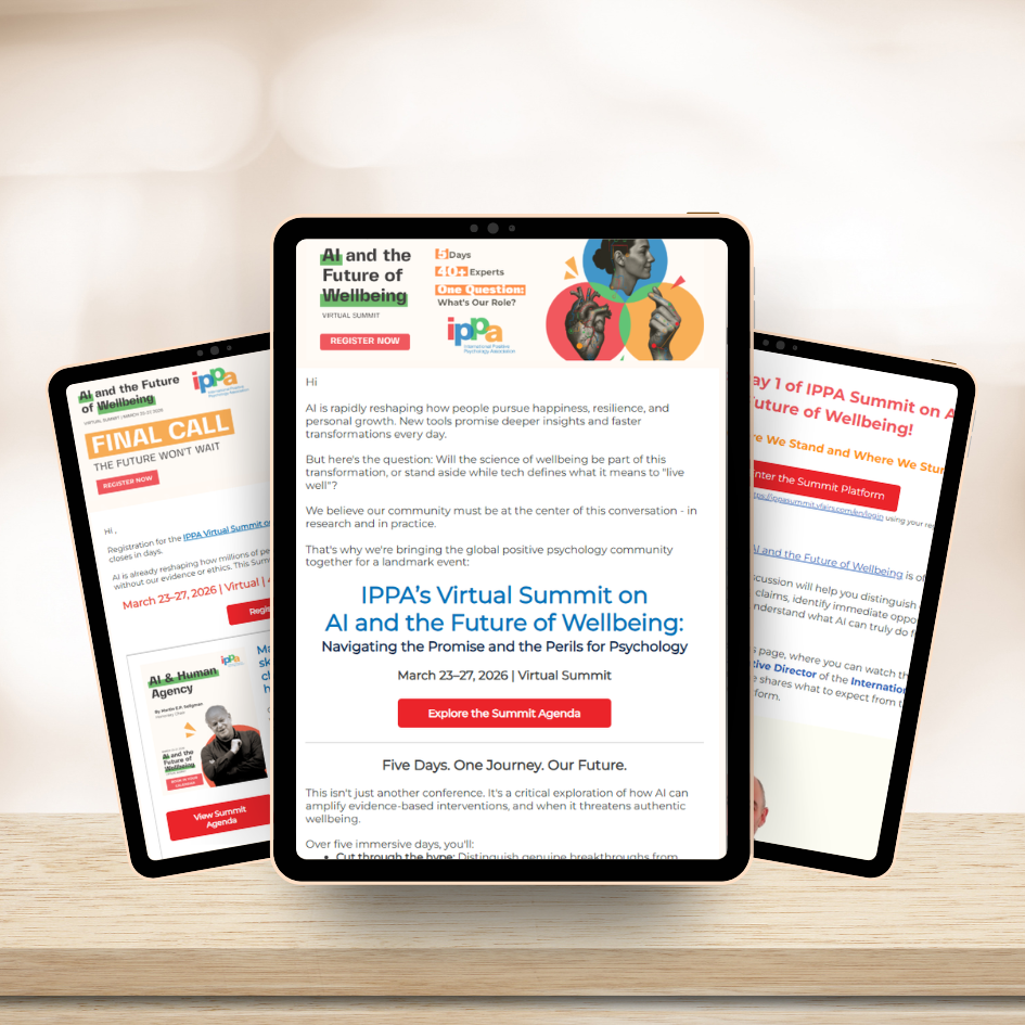 AI and the Future of Wellbeing summit promotional emails shown on tablets