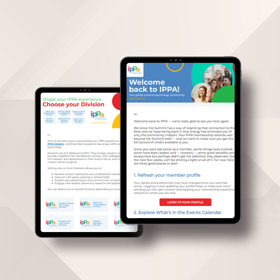 IPPA post-event member emails shown on tablets