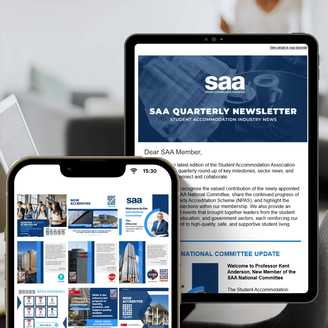 SAA quarterly newsletter and social media posts shown on a tablet and phone